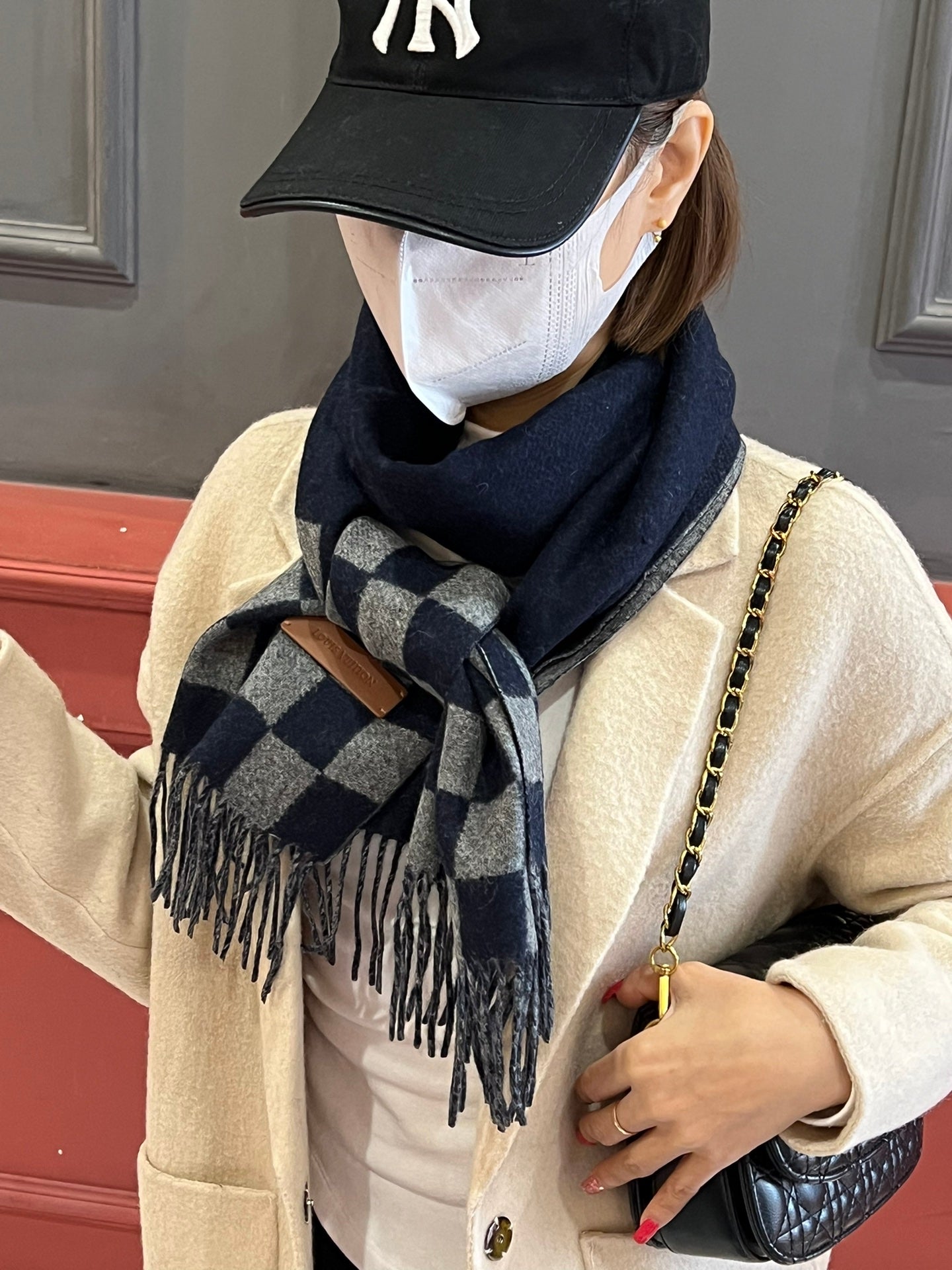 DAMIER SCARF 180 CM IN MIDNIGHT BLUE MIX GRAY CASHMERE 388316 mysite