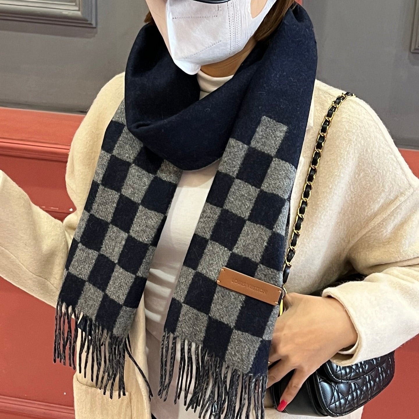 DAMIER SCARF 180 CM IN MIDNIGHT BLUE MIX GRAY CASHMERE 388316 mysite