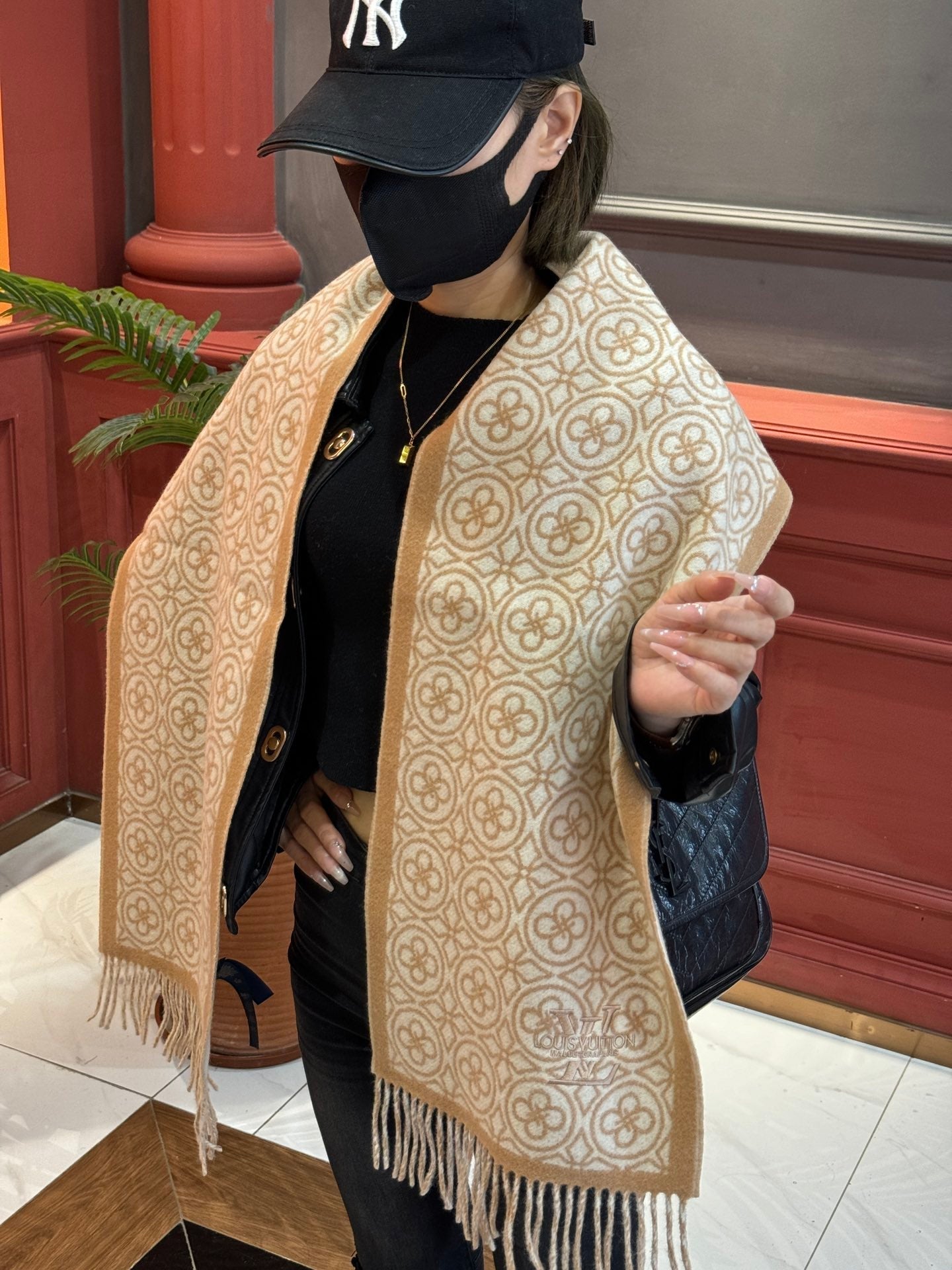 FLOWER MONOGRAM SCARF 180 CM IN TORTILLA BROWN MIX WHITE CASHMERE 388304 mysite