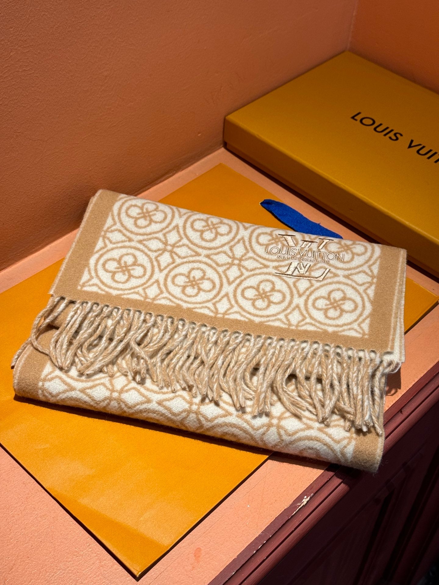 FLOWER MONOGRAM SCARF 180 CM IN TORTILLA BROWN MIX WHITE CASHMERE 388304 mysite