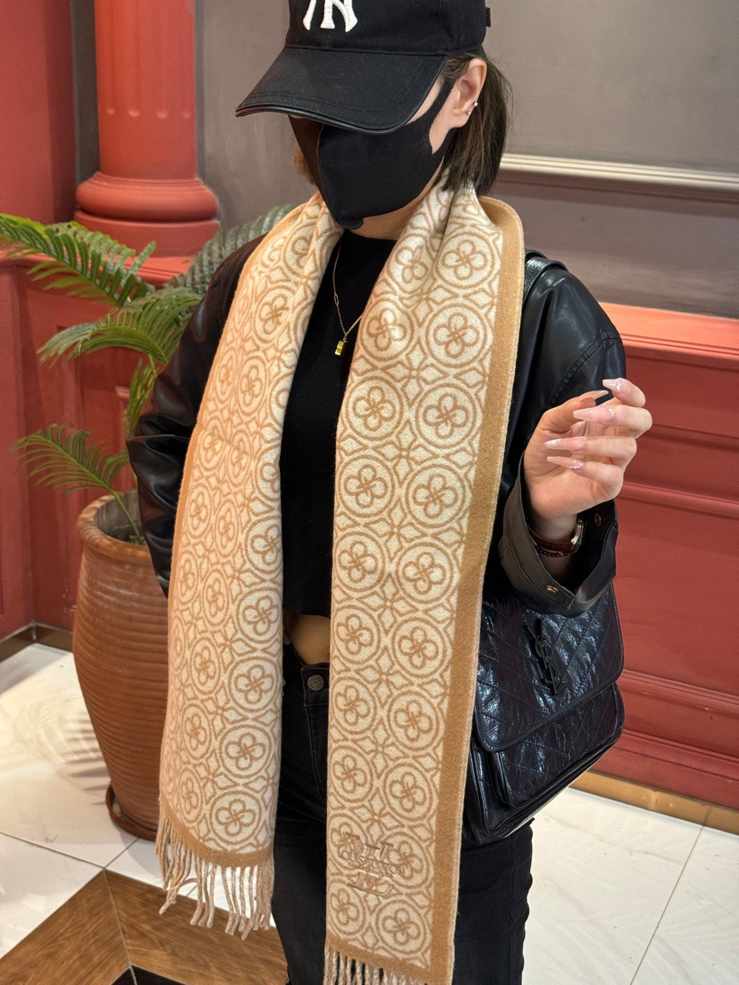 FLOWER MONOGRAM SCARF 180 CM IN TORTILLA BROWN MIX WHITE CASHMERE 388304 mysite