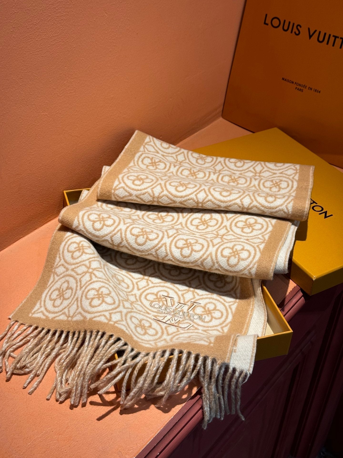 FLOWER MONOGRAM SCARF 180 CM IN TORTILLA BROWN MIX WHITE CASHMERE 388304 mysite