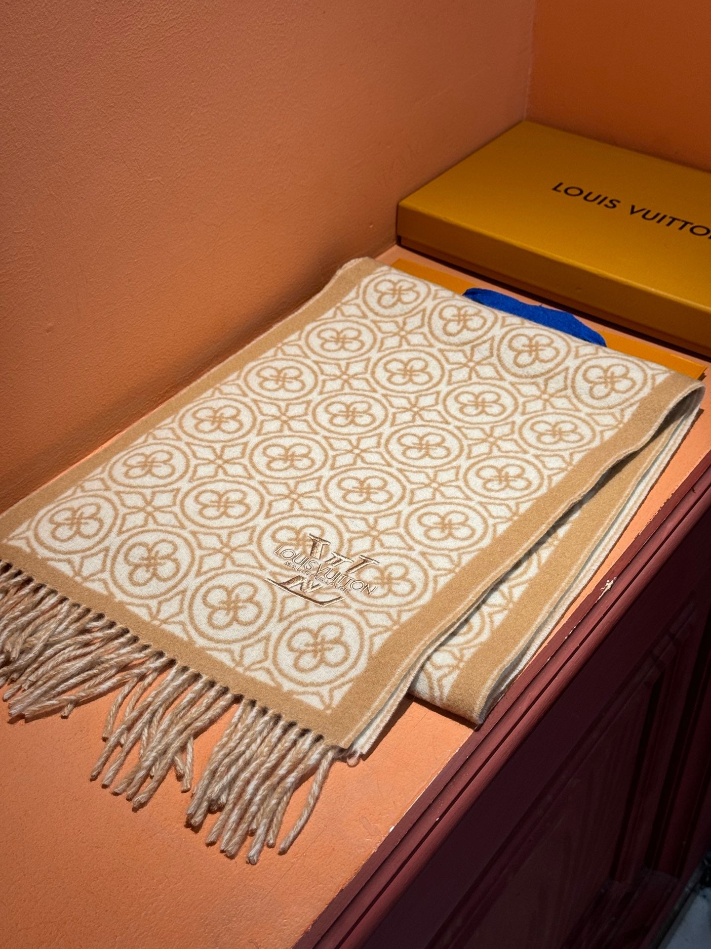 FLOWER MONOGRAM SCARF 180 CM IN TORTILLA BROWN MIX WHITE CASHMERE 388304 mysite