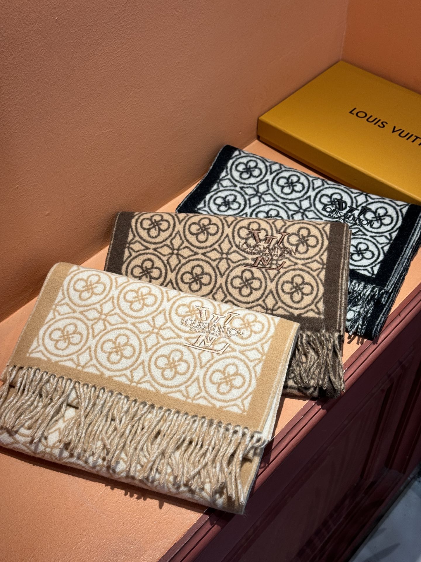 FLOWER MONOGRAM SCARF 180 CM IN MEDIUM BROWN CASHMERE 388306 mysite