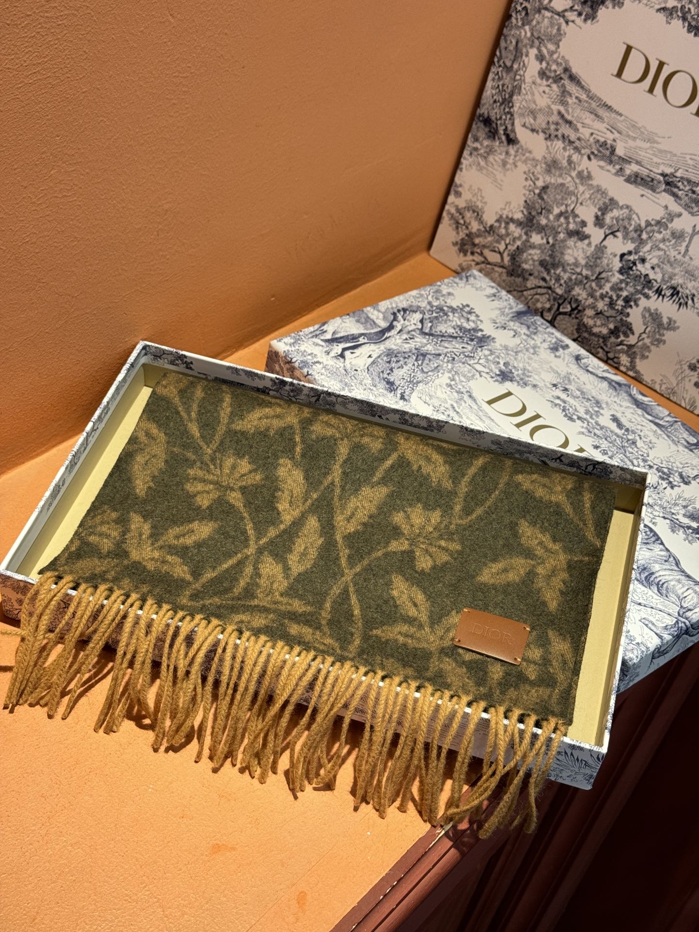 SCARF 180 CM IN OLIVE GREEN MONOGRAM CASHMERE 394642 mysite