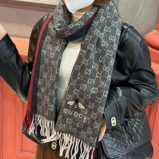 SCARF 180 CM IN BLACK CASHMERE WITH BEE PATTERN 396473 mysite