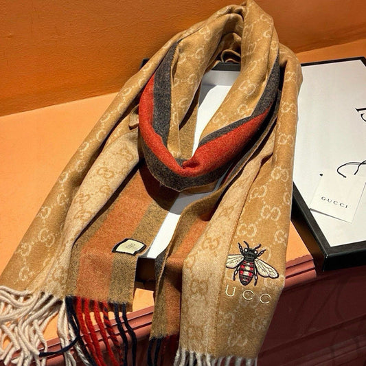 SCARF 180 CM IN COPPER BROWN CASHMERE WITH BEE PATTERN 396474 mysite