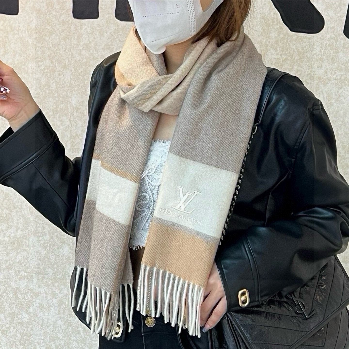 SCARF 180 CM IN KHAKI BROWN MIX WHITE CASHMERE 399872 mysite