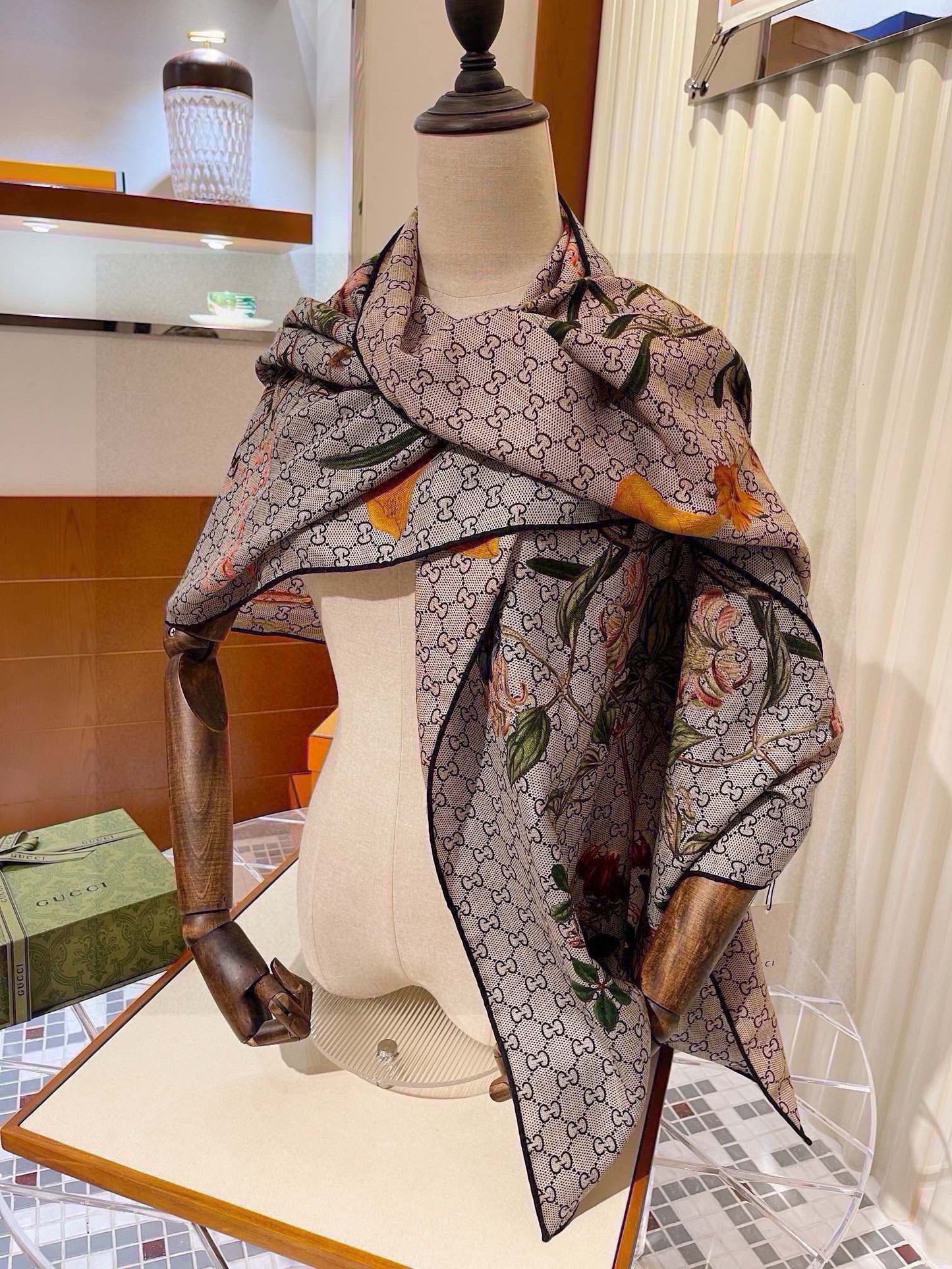 SCARF 180 CM IN KHAKI BROWN MONOGRAM CASHMERE 405276 mysite