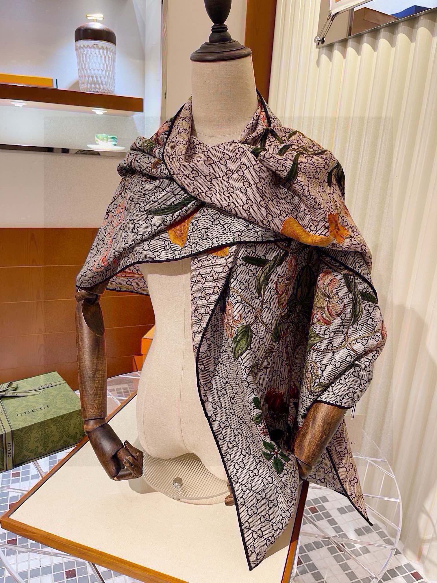 SCARF 180 CM IN KHAKI BROWN MONOGRAM CASHMERE 405276 mysite