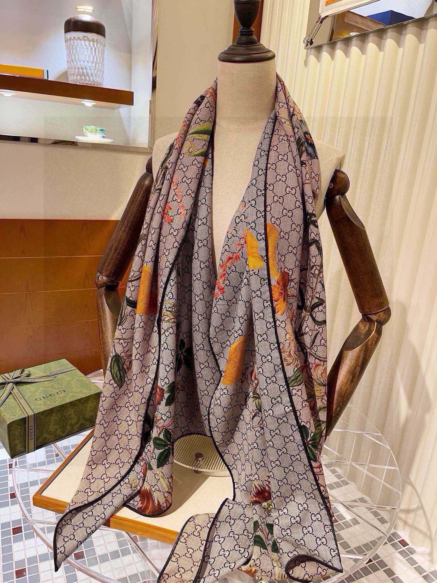 SCARF 180 CM IN KHAKI BROWN MONOGRAM CASHMERE 405276 mysite