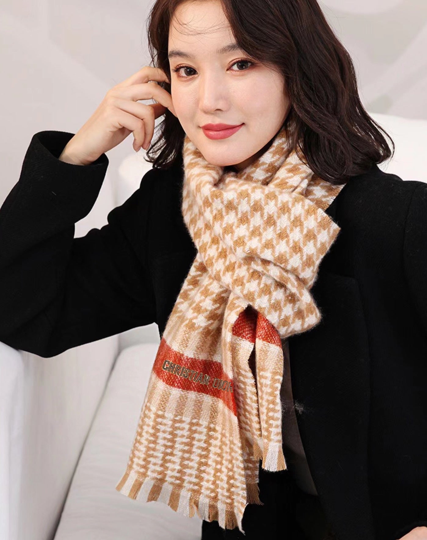 SCARF 190 CM IN PEANUT BROWN MIX WHITE CASHMERE 416802 mysite