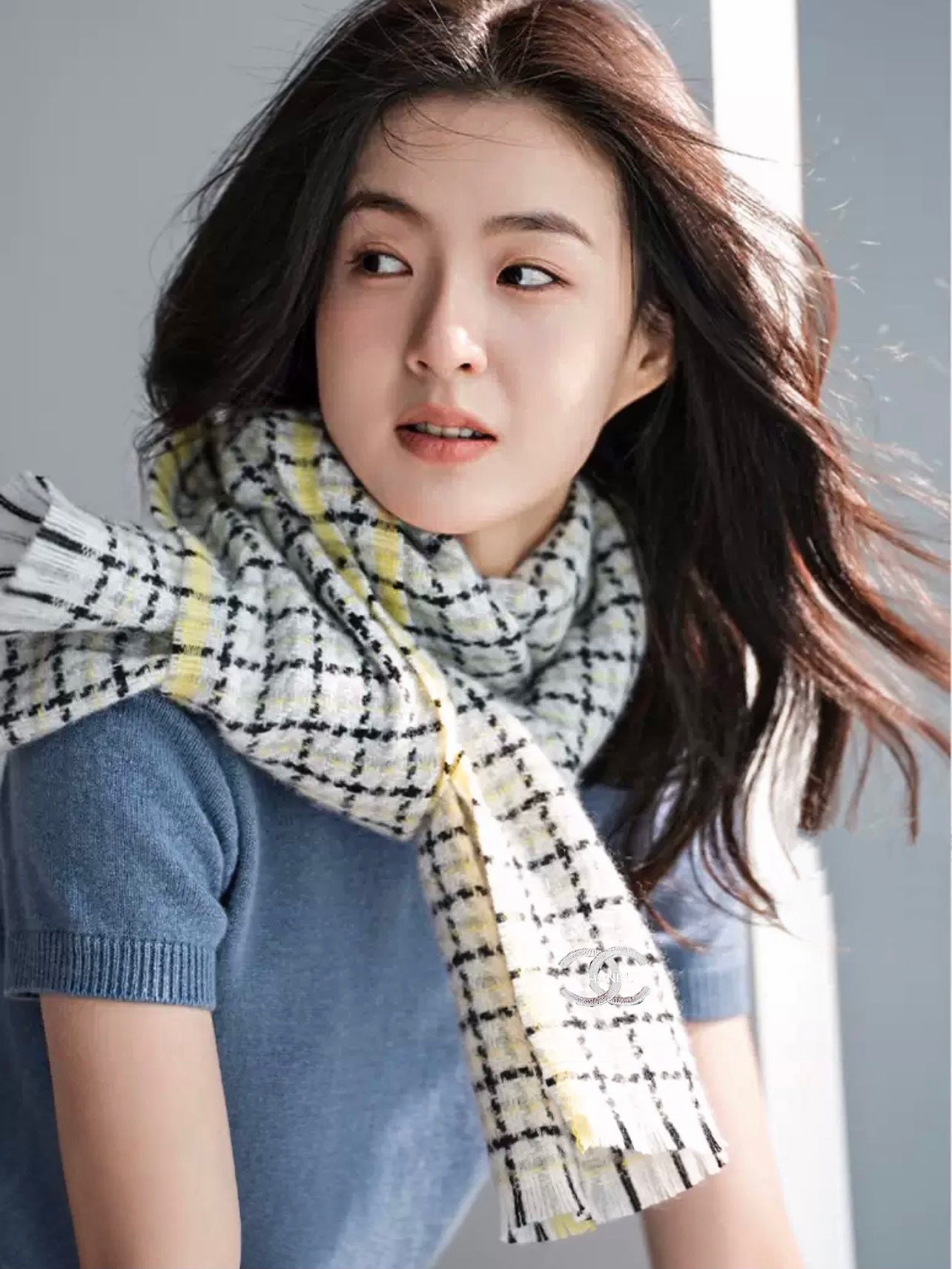 CC Scarf 190 CM In White Yellow With Black Plaid Cashmere 416805 mysite