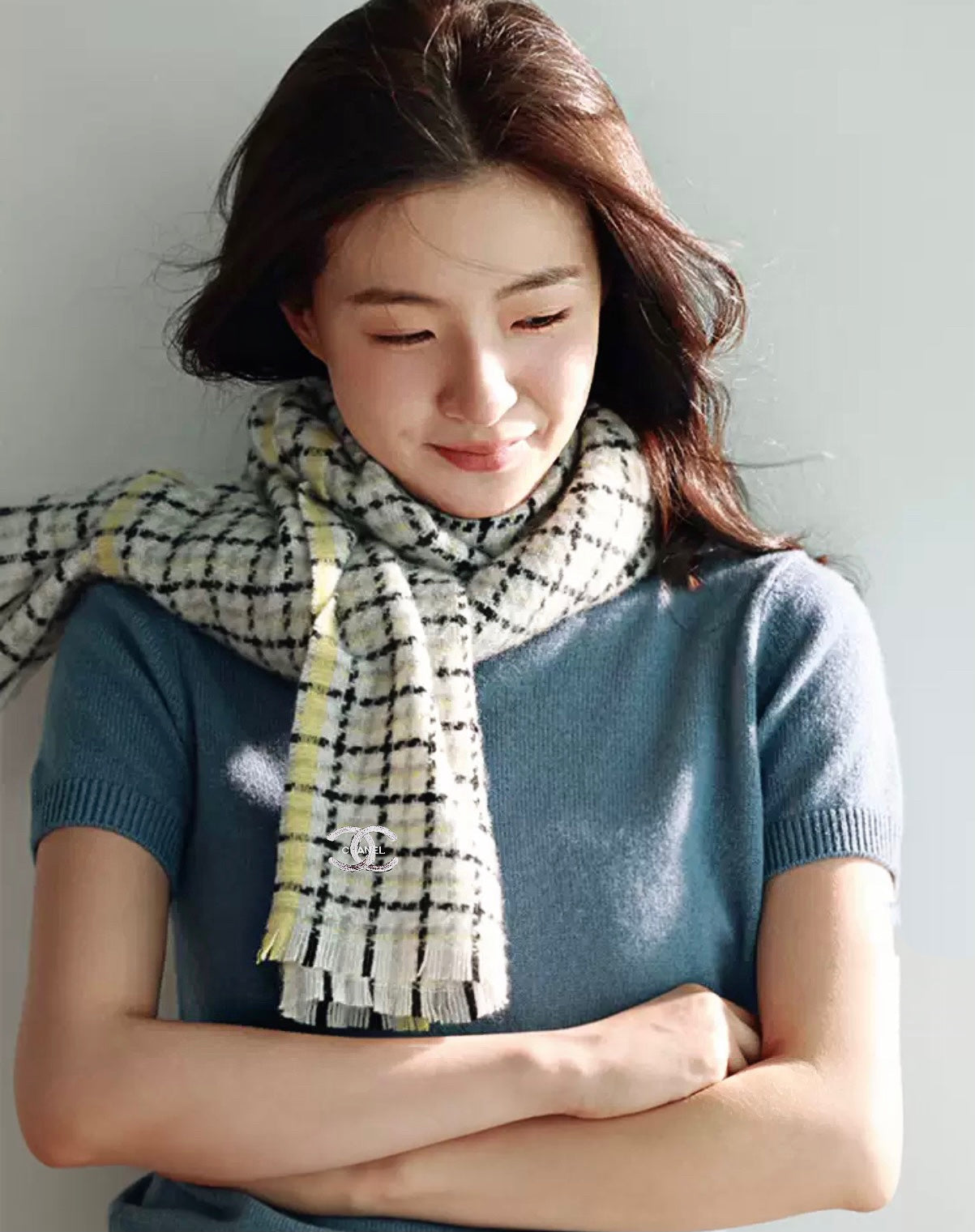 CC Scarf 190 CM In White Yellow With Black Plaid Cashmere 416805 mysite