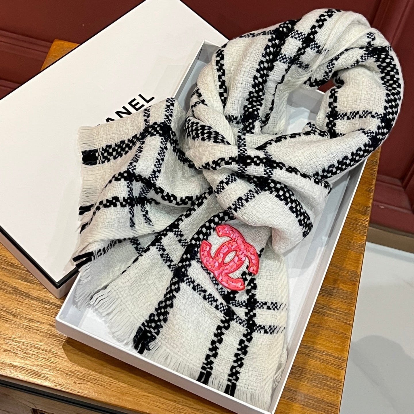 CC Scarf 190 CM In White With Black Stripes Wool  420038 mysite