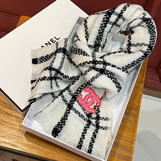 CC Scarf 190 CM In White With Black Stripes Wool  420038 mysite