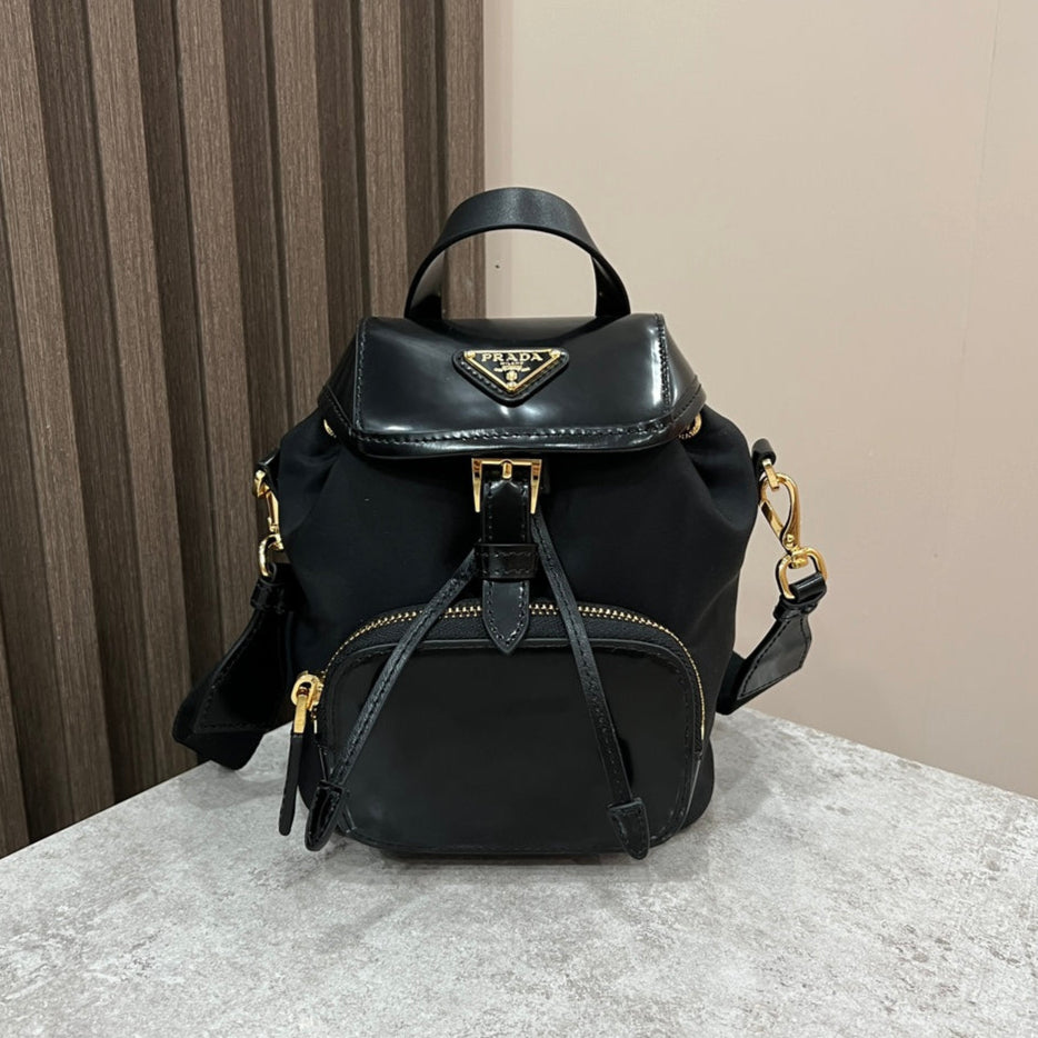 MINI BACKPACK 18 IN BLACK RE-NYLON AND GLOSSY CALFSKIN GOLD HARDWARE mysite