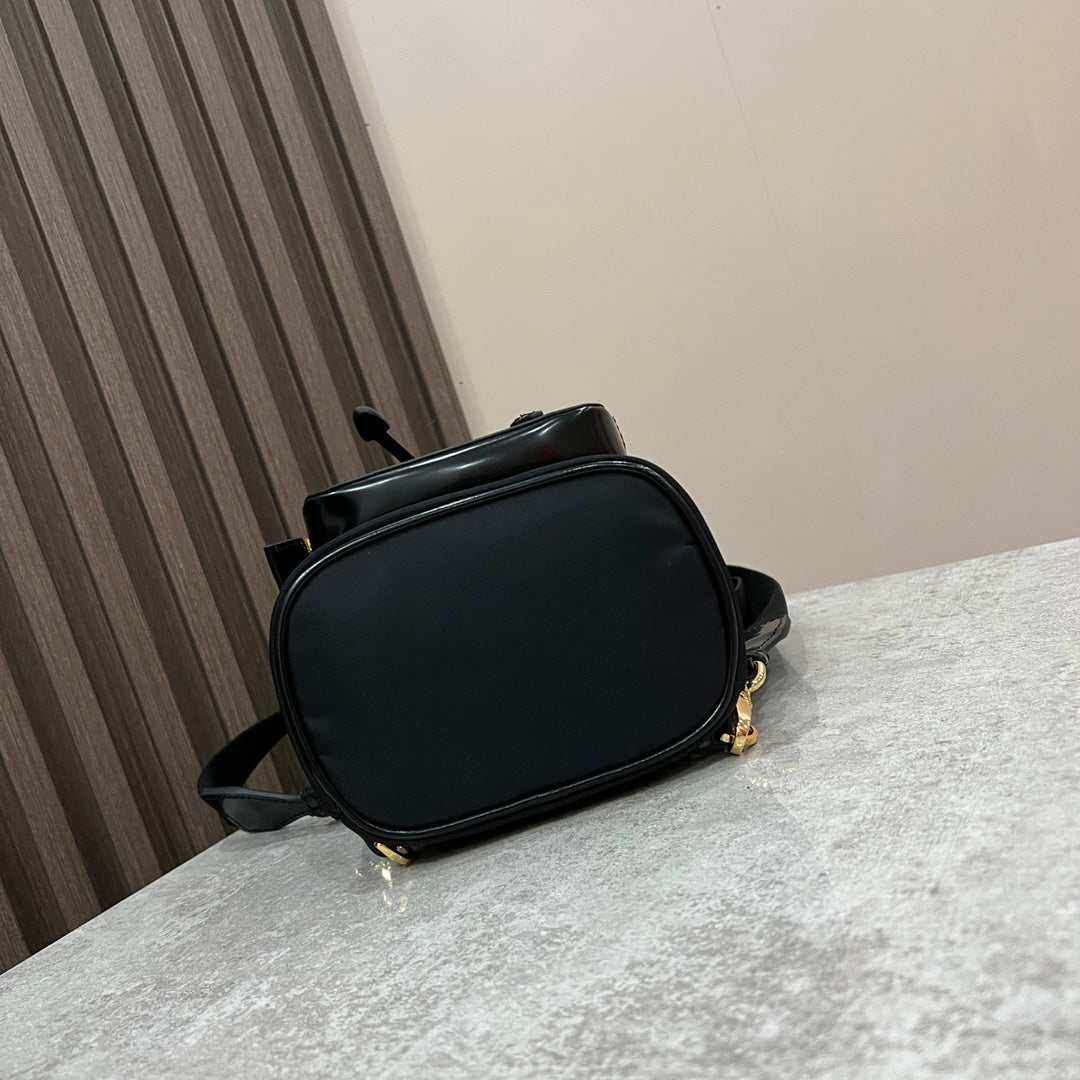 MINI BACKPACK 18 IN BLACK RE-NYLON AND GLOSSY CALFSKIN GOLD HARDWARE mysite