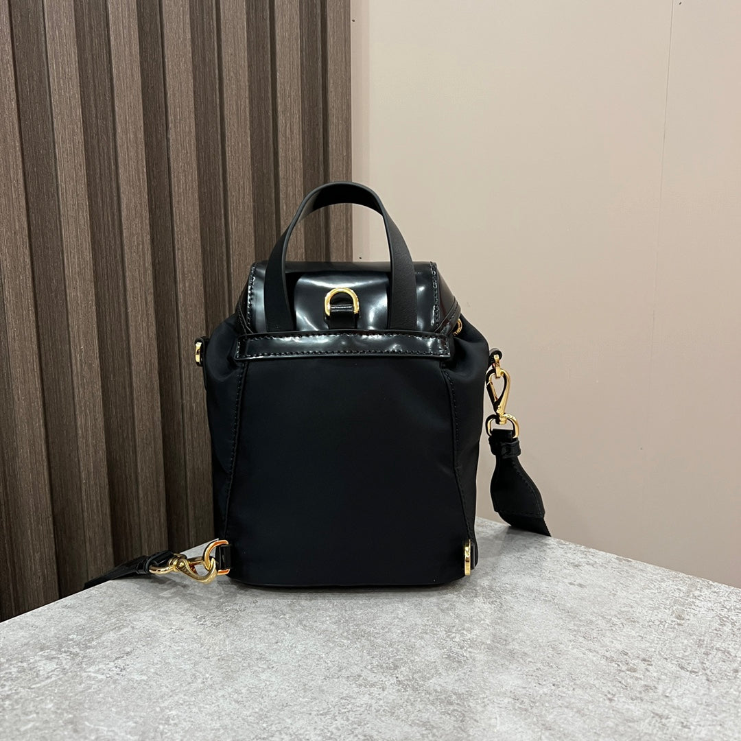 MINI BACKPACK 18 IN BLACK RE-NYLON AND GLOSSY CALFSKIN GOLD HARDWARE mysite