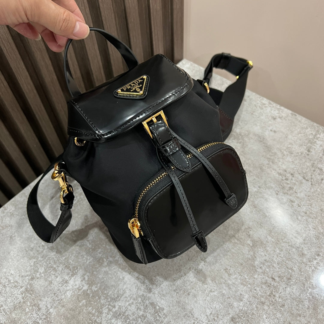 MINI BACKPACK 18 IN BLACK RE-NYLON AND GLOSSY CALFSKIN GOLD HARDWARE mysite