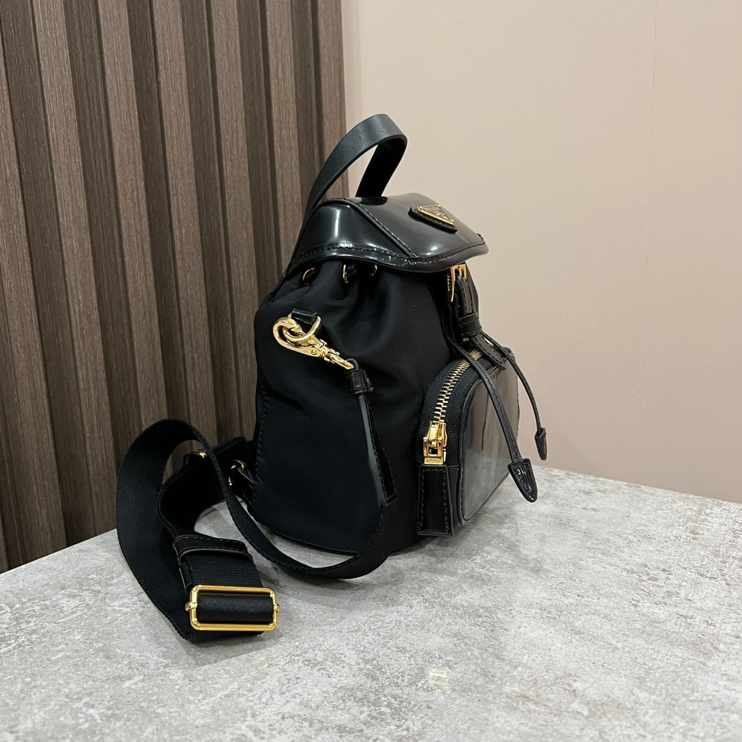 MINI BACKPACK 18 IN BLACK RE-NYLON AND GLOSSY CALFSKIN GOLD HARDWARE mysite