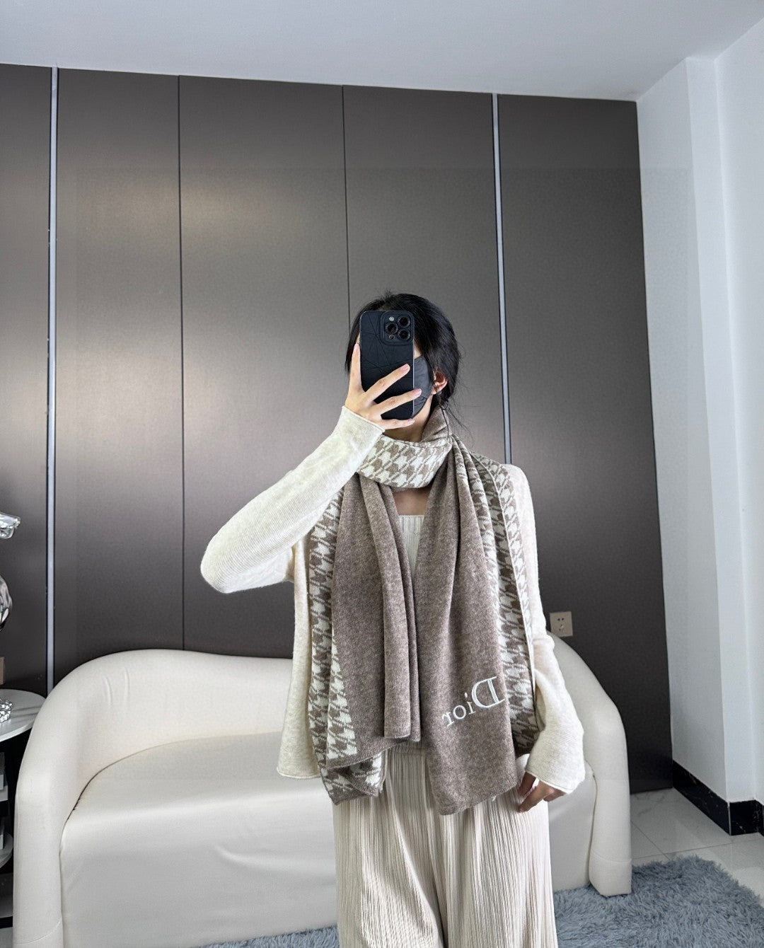 SCARF 190 CM IN KHAKI BEIGE MIX WHITE CARO CASHMERE 388125 mysite