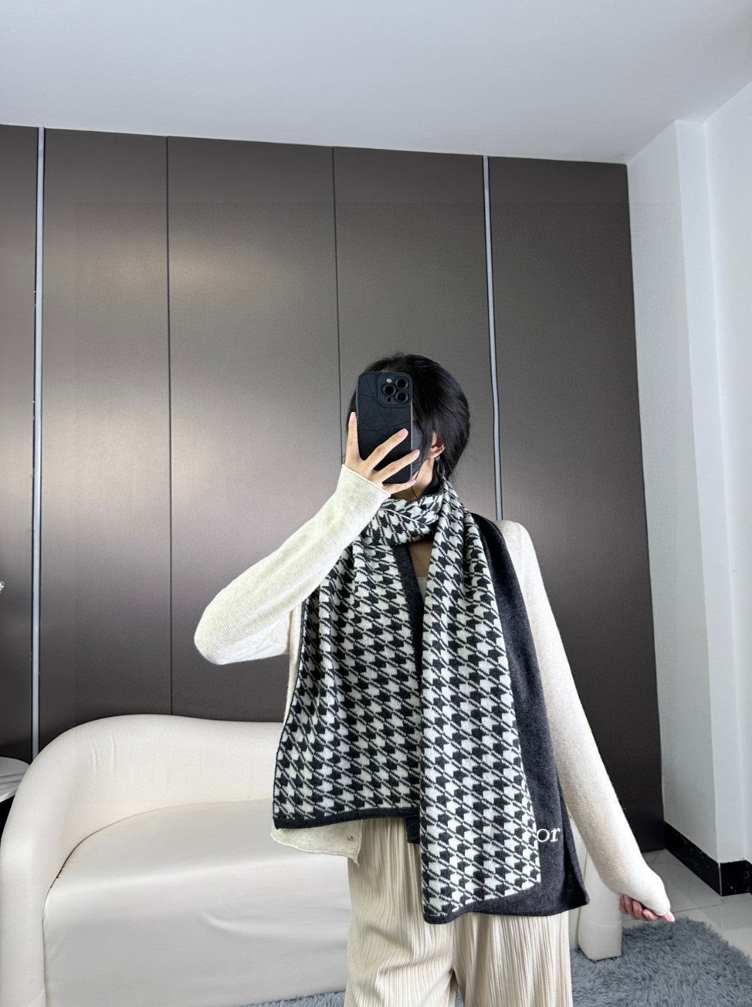 SCARF 190 CM IN BLACK MIX WHITE CARO CASHMERE 388127 mysite