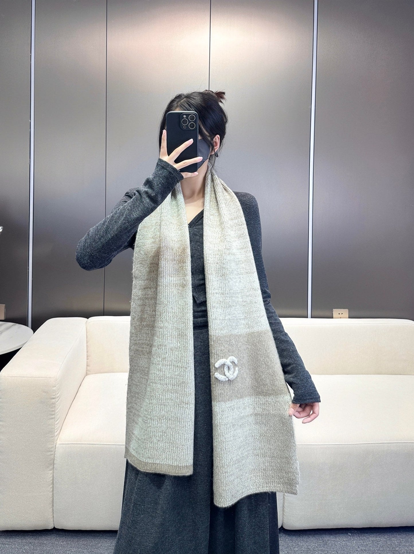 SCARF 180 CM IN KHAKI BROWN CASHMERE 389978 mysite