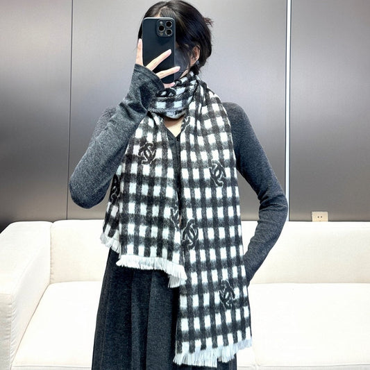 SCARF 190 CM IN BLACK MIX WHITE CARO CASHMERE AND WOOL 390944 mysite