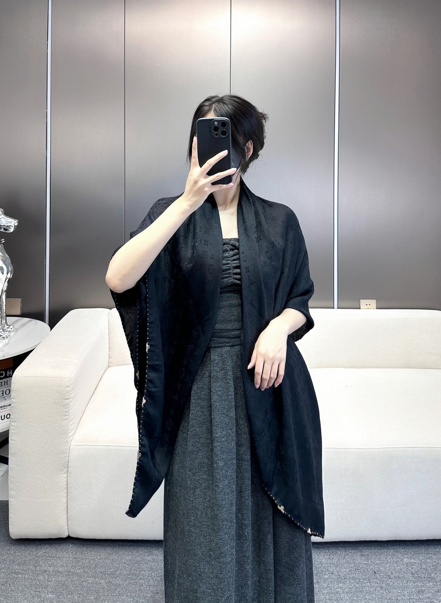 EVERMORE SCARF 140 CM IN BLACK SILK AND WOOL 393156 mysite