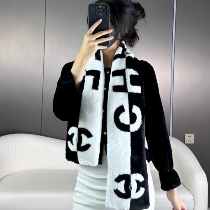 SCARF 120 CM IN BLACK MIX WHITE CASHMERE AND FUR 396432 mysite