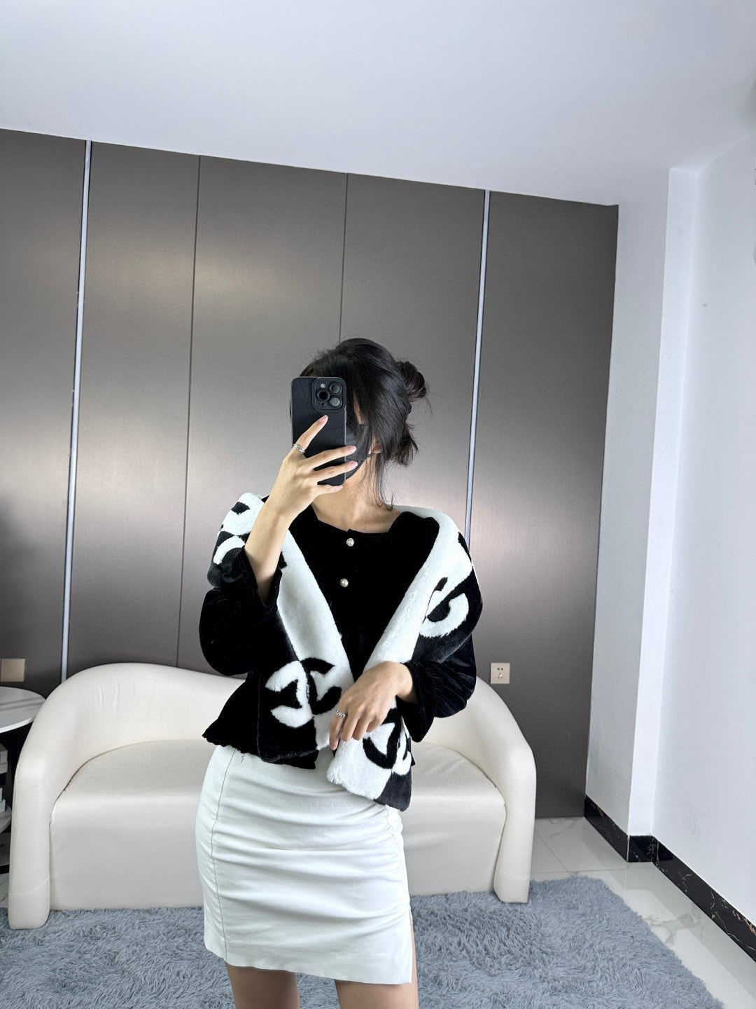 SCARF 120 CM IN BLACK MIX WHITE CASHMERE AND FUR 396432 mysite