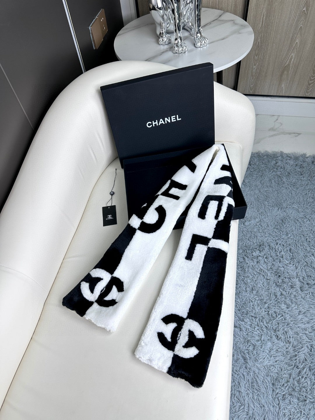 SCARF 120 CM IN BLACK MIX WHITE CASHMERE AND FUR 396432 mysite