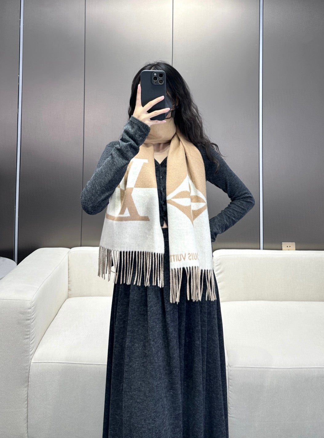 GRAPHIC DUAL SCARF 192 CM IN TUSCAN BEIGE MIX WHITE WOOL AND CASHMERE 396434 mysite