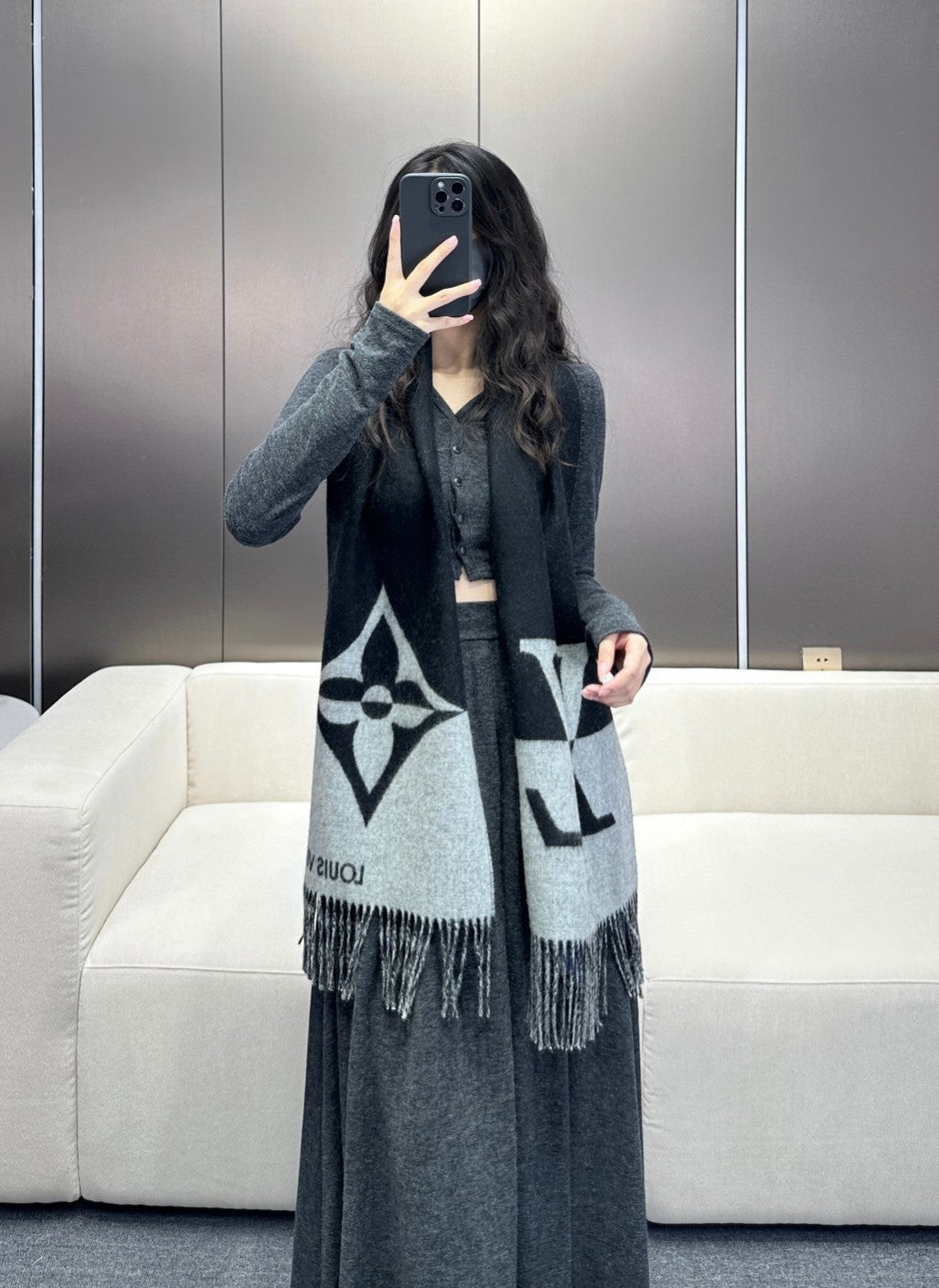 GRAPHIC DUAL SCARF 192 CM IN BLACK MIX LIGHT GRAY WOOL AND CASHMERE 396435 mysite