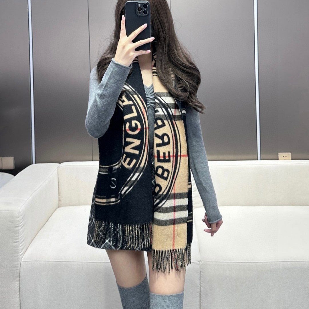 SCARF 180 CM IN BLACK AND TAN BROWN CASHMERE 407240 mysite