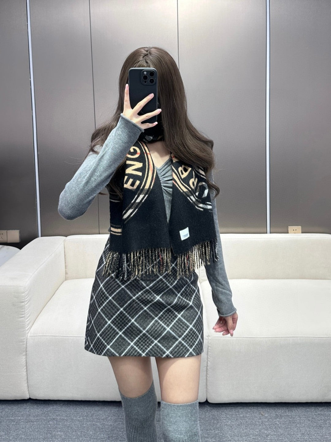 SCARF 180 CM IN BLACK AND TAN BROWN CASHMERE 407240 mysite