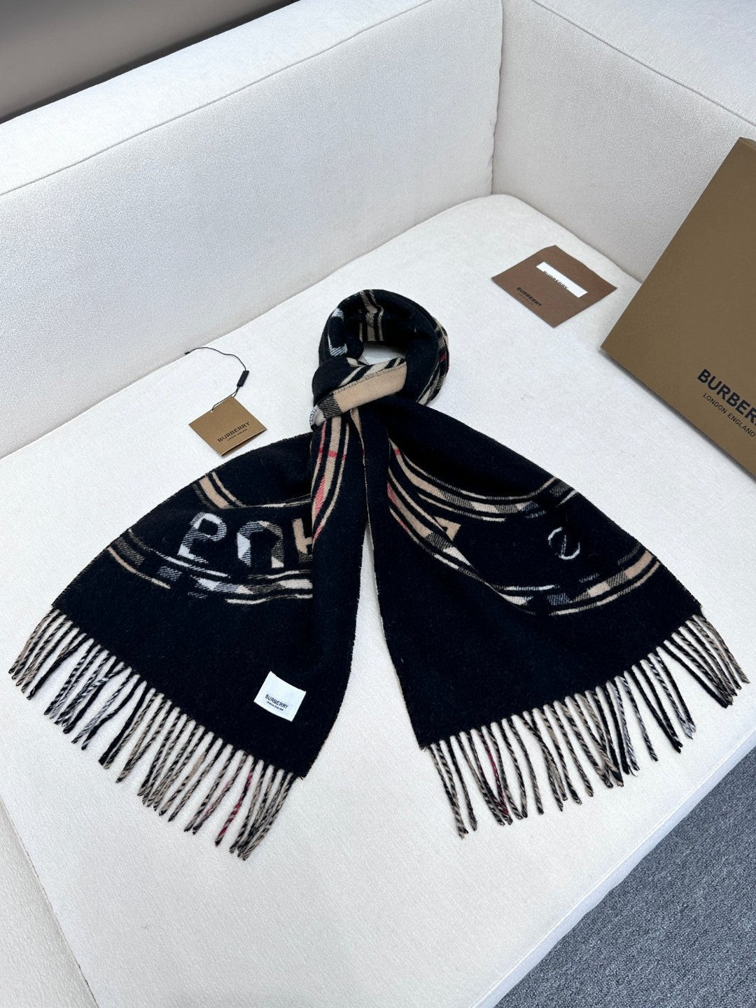 SCARF 180 CM IN BLACK AND TAN BROWN CASHMERE 407240 mysite