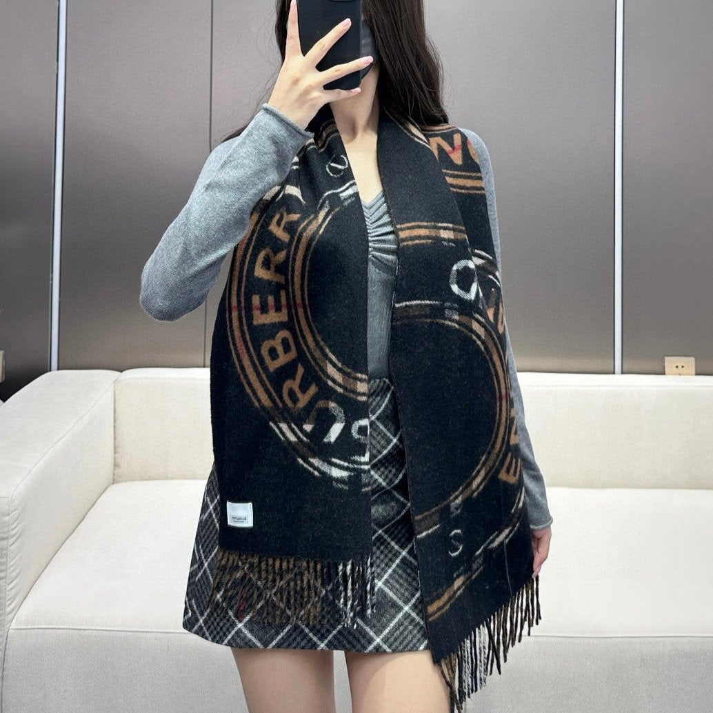 SCARF 180 CM IN BLACK AND RUSSET BROWN CASHMERE 407241 mysite