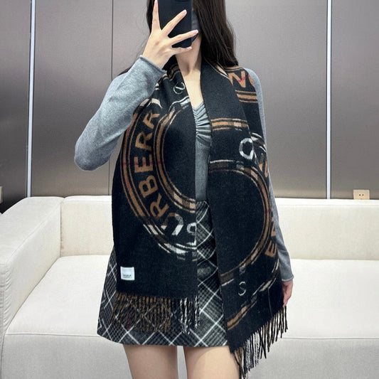 SCARF 180 CM IN BLACK AND RUSSET BROWN CASHMERE 407241 mysite