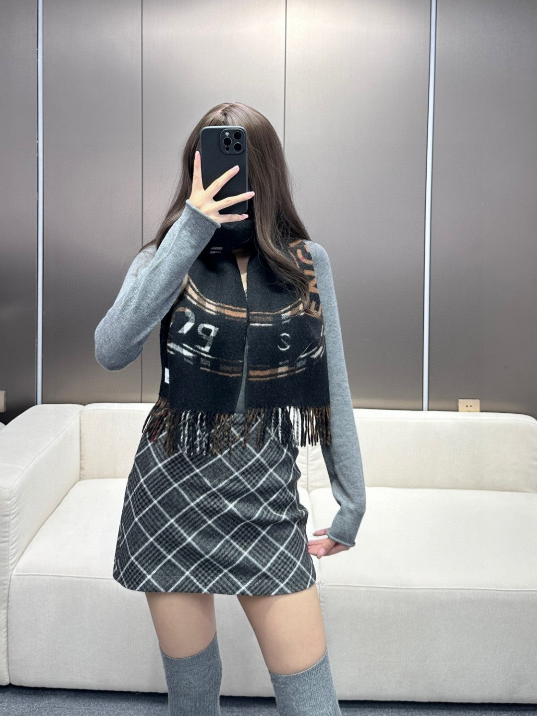 SCARF 180 CM IN BLACK AND RUSSET BROWN CASHMERE 407241 mysite