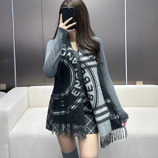 SCARF 180 CM IN BLACK AND LIGHT GRAY CASHMERE  407242 mysite