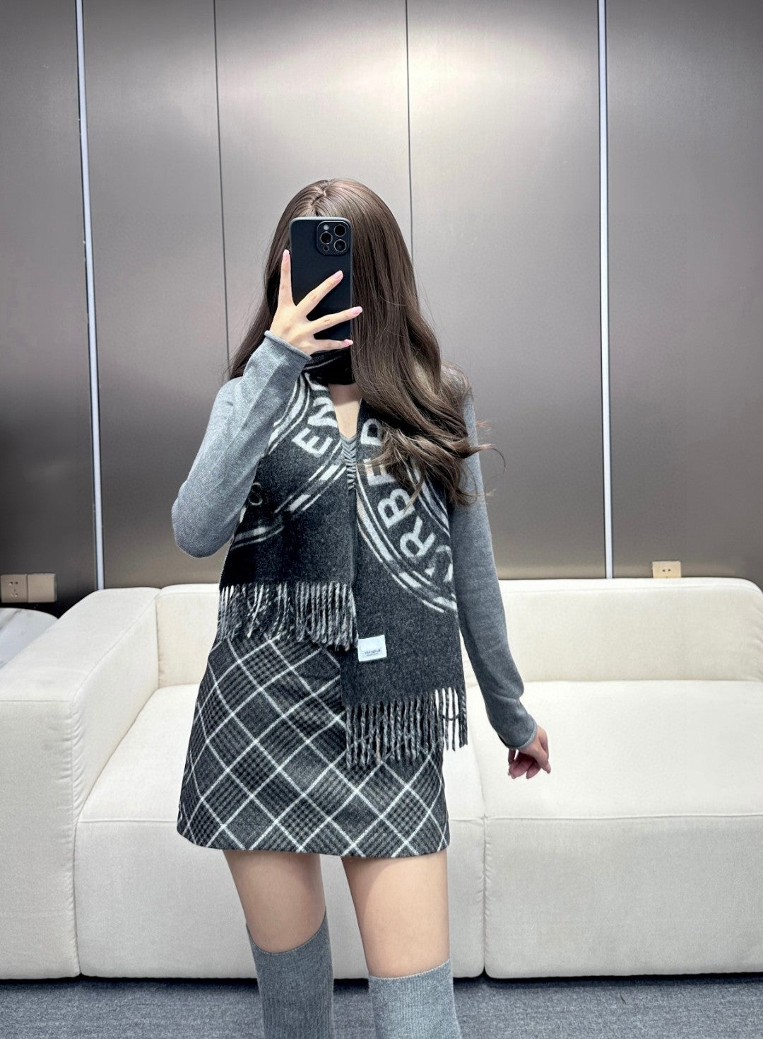 SCARF 180 CM IN BLACK AND LIGHT GRAY CASHMERE  407242 mysite