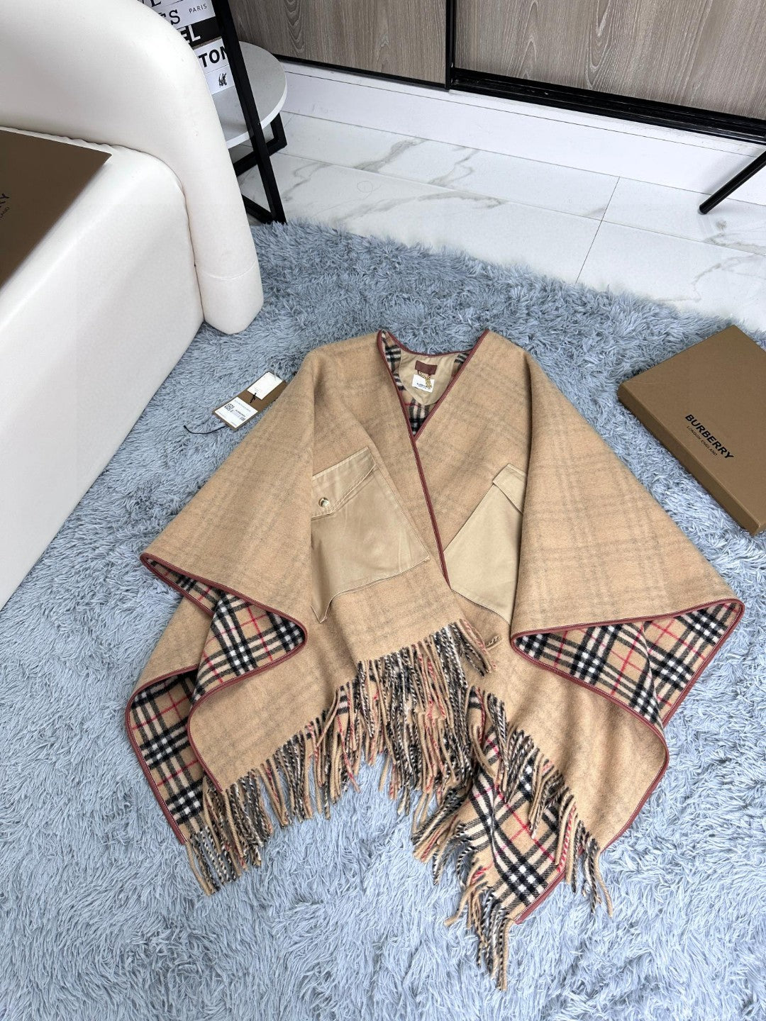 CHECK CAPE IN SAND BROWN WOOL 410154 mysite