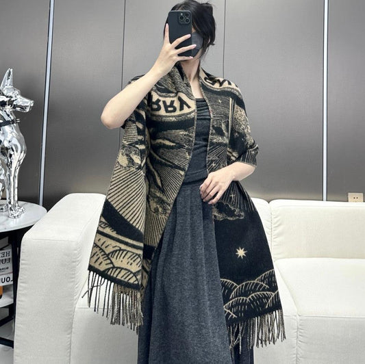 REVERSIBLE EKD SCARF 210 CM IN BLACK MIX CAMEL BEIGE CASHMERE 410182 mysite