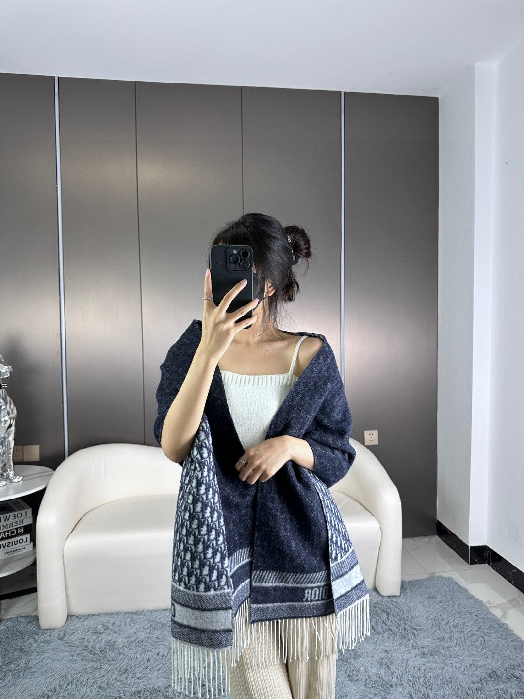 SCARF IN NAVY BLUE MONOGRAM CASHMERE 413719 mysite