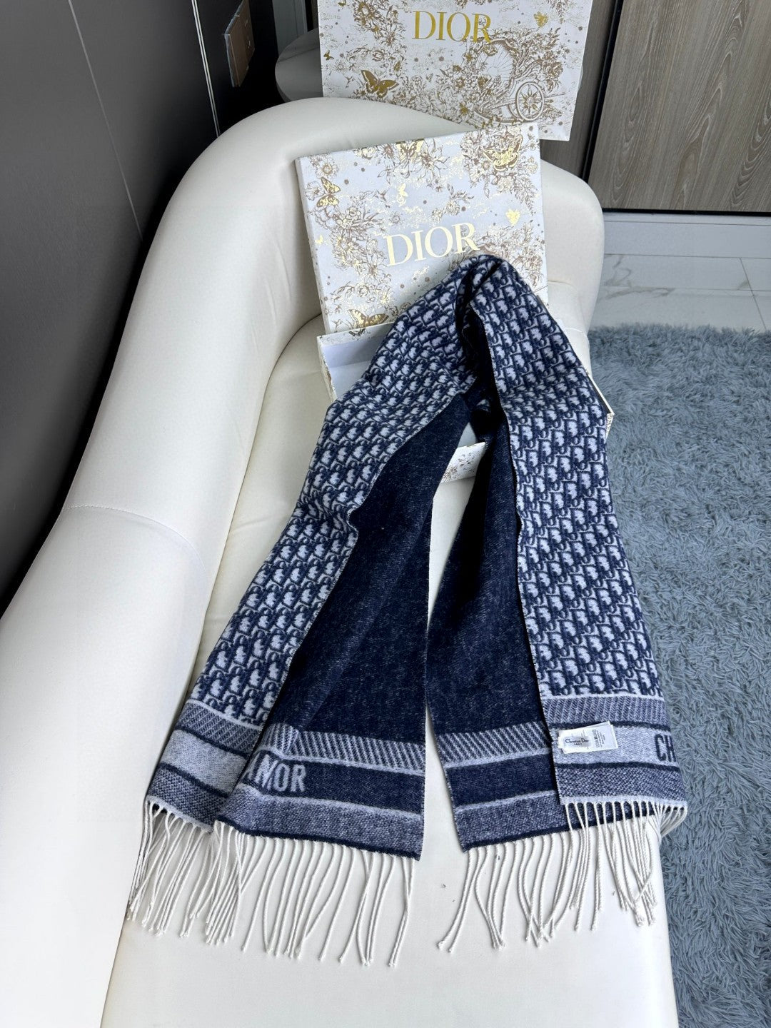 SCARF IN NAVY BLUE MONOGRAM CASHMERE 413719 mysite