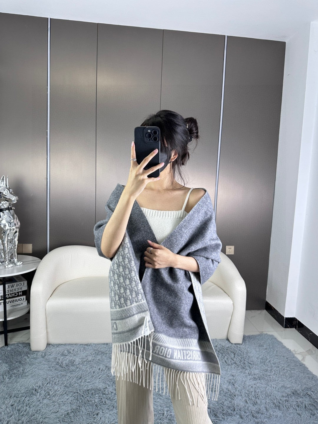 SCARF IN PALE GRAY MONOGRAM CASHMERE 413720 mysite