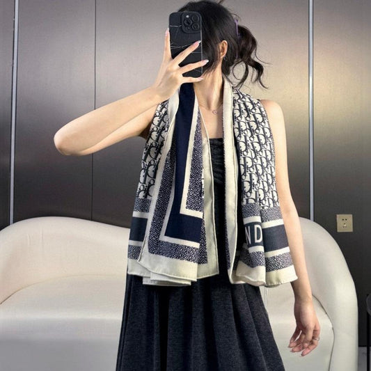 MONOGRAM SQUARE SCARF 140 CM IN BLACK MIX WHITE  CASHMERE AND SILK 413742 mysite