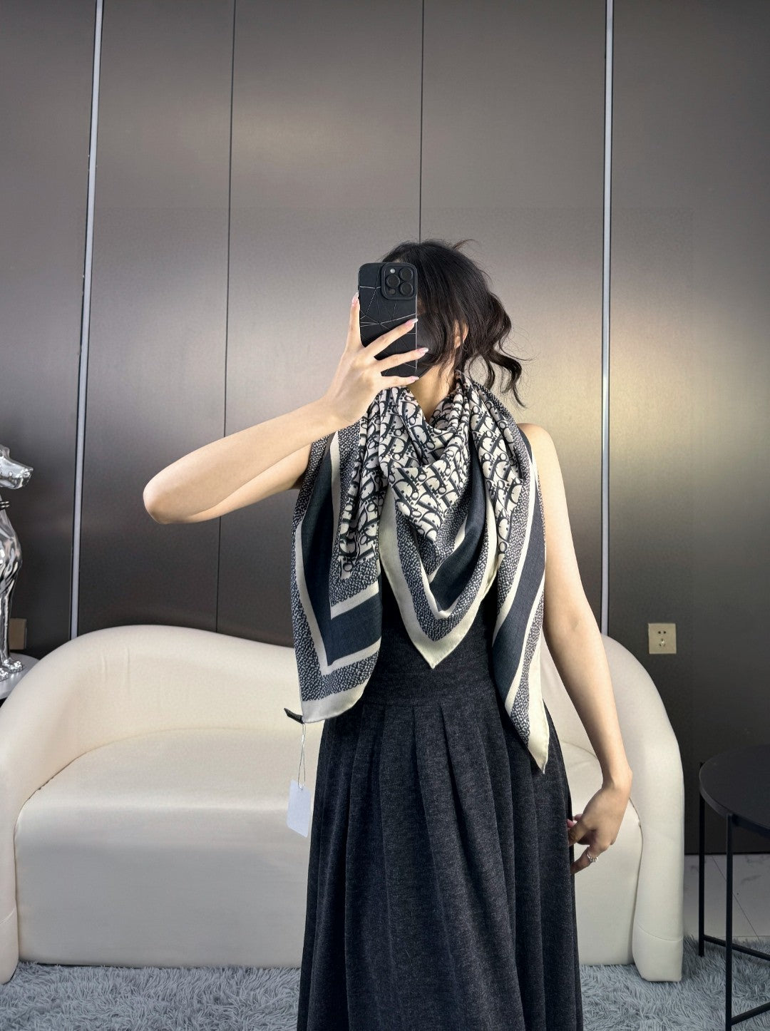 MONOGRAM SQUARE SCARF 140 CM IN BLACK MIX WHITE  CASHMERE AND SILK 413742 mysite